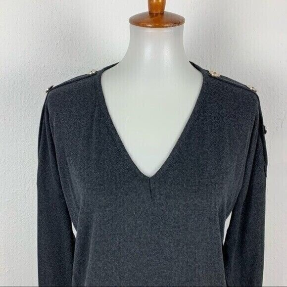 Milan Kiss Ribbed Top Small Gray Long Sleeve Slim Fit Basic V Neck - Picture 2 of 7